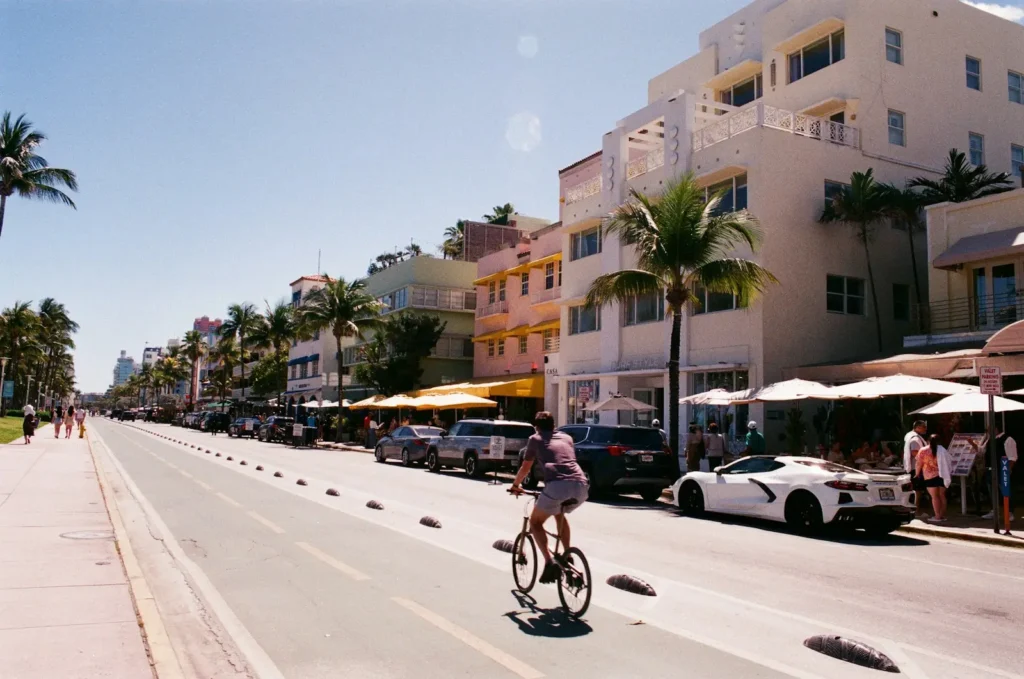 Cyclist riding on a Miami Beach street
