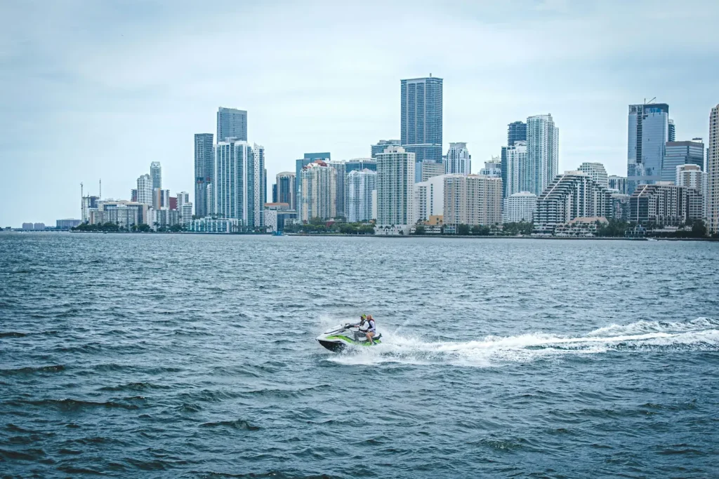 Jet ski on Biscayne Bay with the Miami skyline