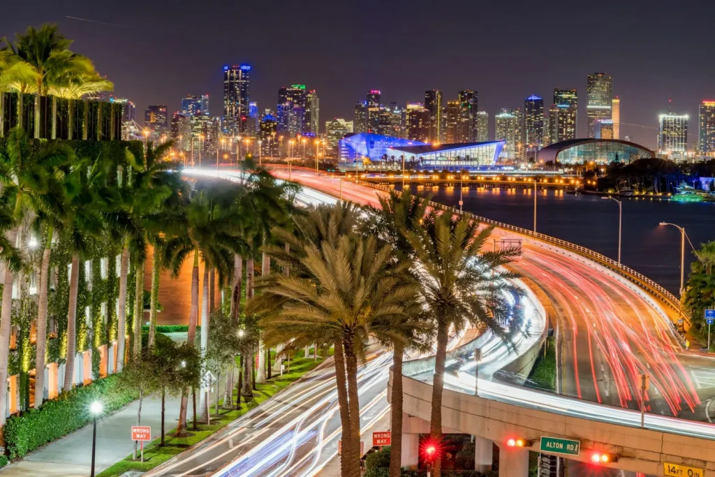 Miami traffic and skyline at night