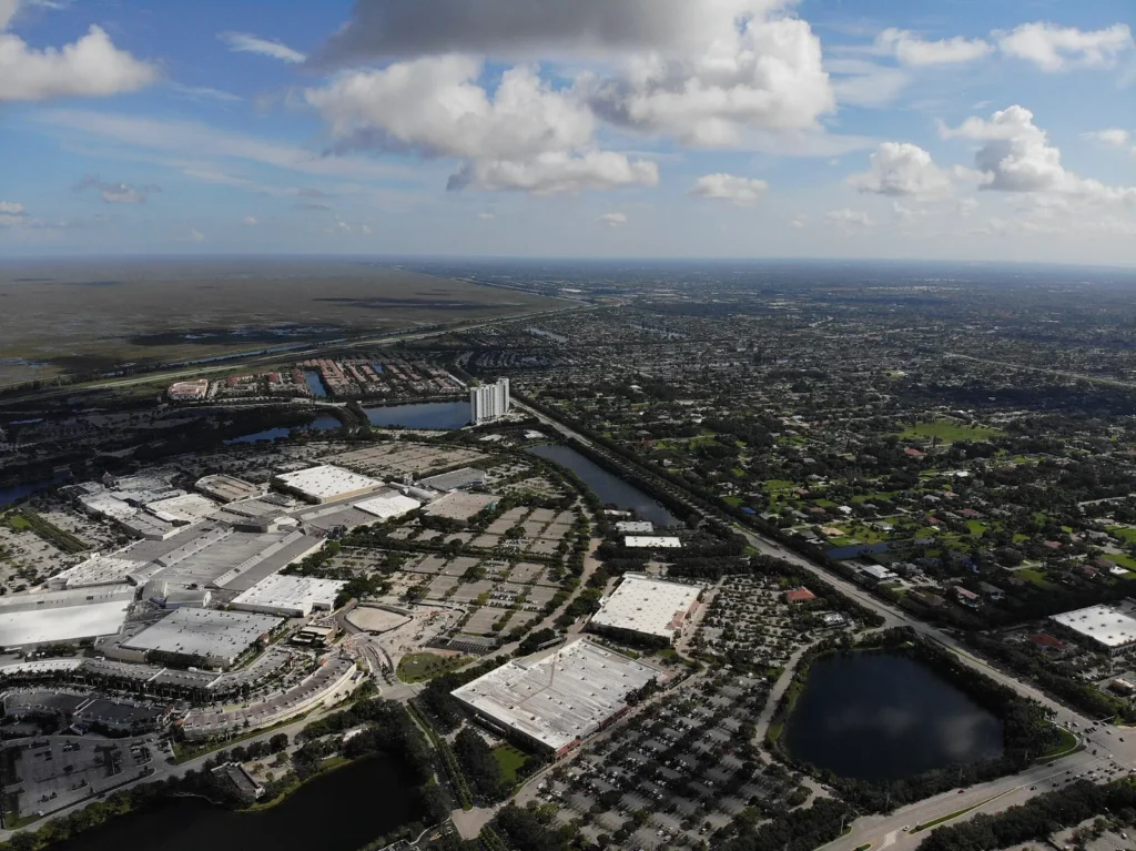 Aerial view of Sawgrass Mills and neighborhoods in Sunrise, Florida